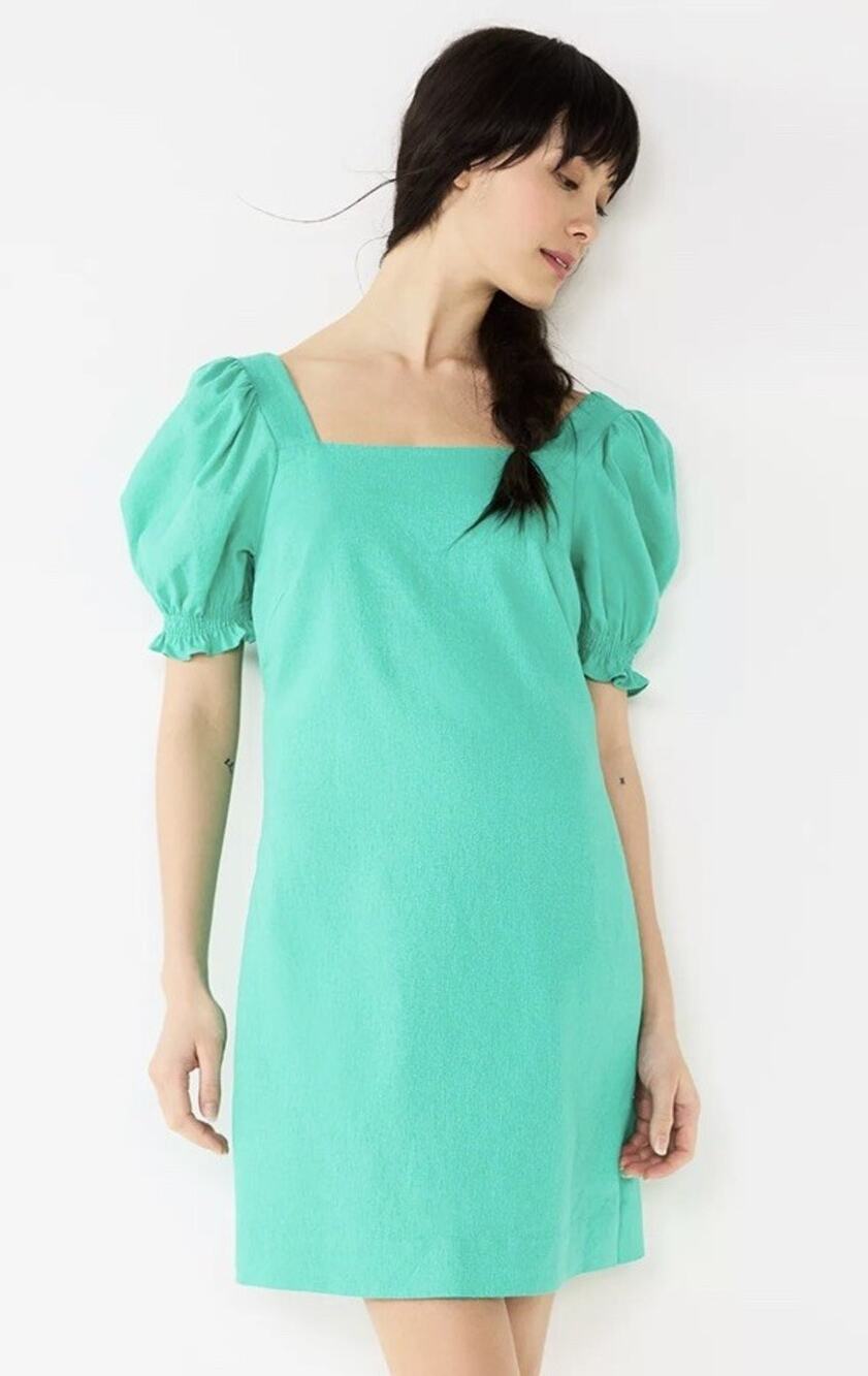 Draper James RSVP Square Neck Puff Sleeve Dress Mint Green Linen Blend Size XXL